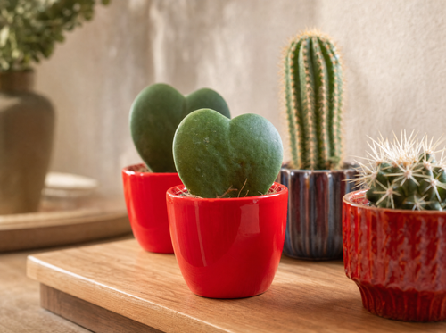 Plant set van 3 met mini pot - Love - Hoya Kerrii - roze/rood - Ø 6 cm - interieur