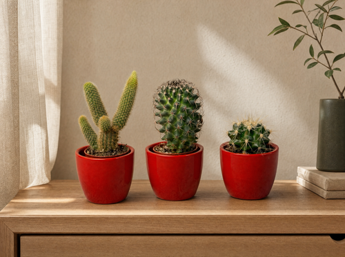 Cactussen set van 3 met rode mini-pot - Mix van levende cactussen - ↑ 8-12 cm - interieur