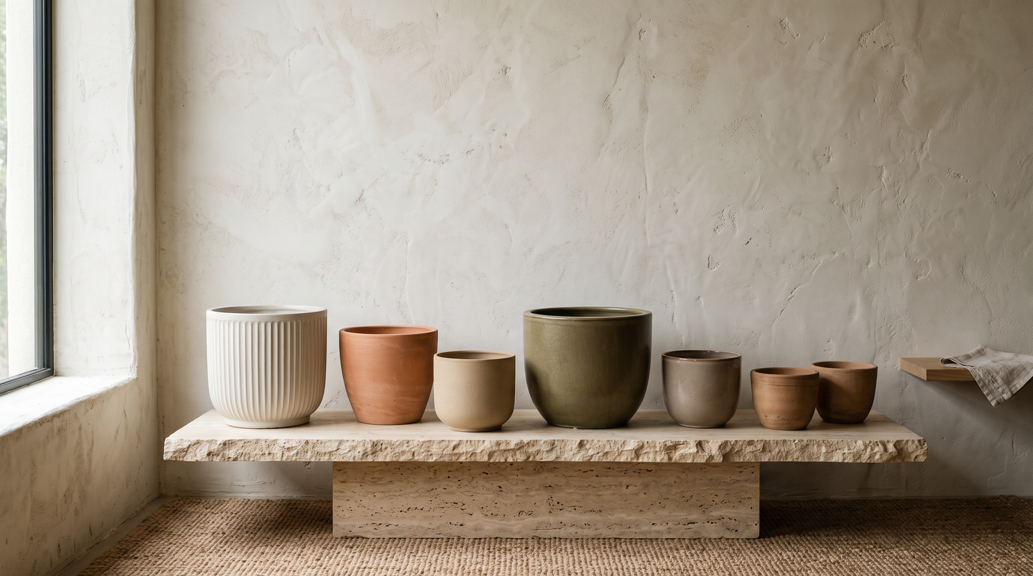 Designpotten in steengoed en terracotta