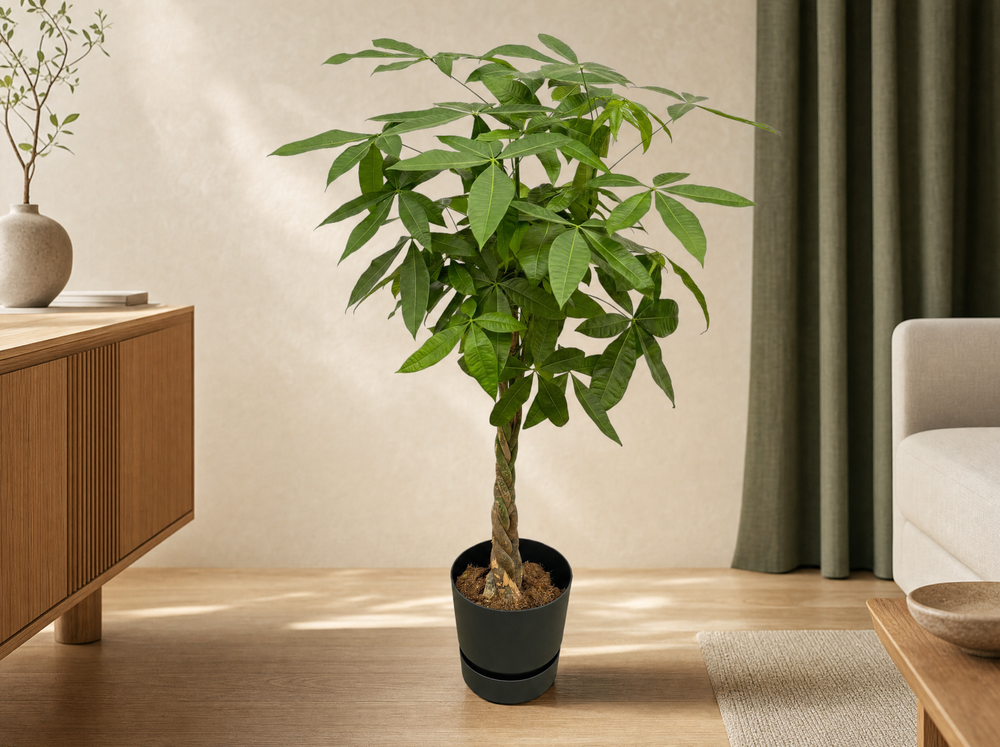 Pachira Aquatica inclusief elho Greenville Round zwart - 140cm - Ø30 - interieur