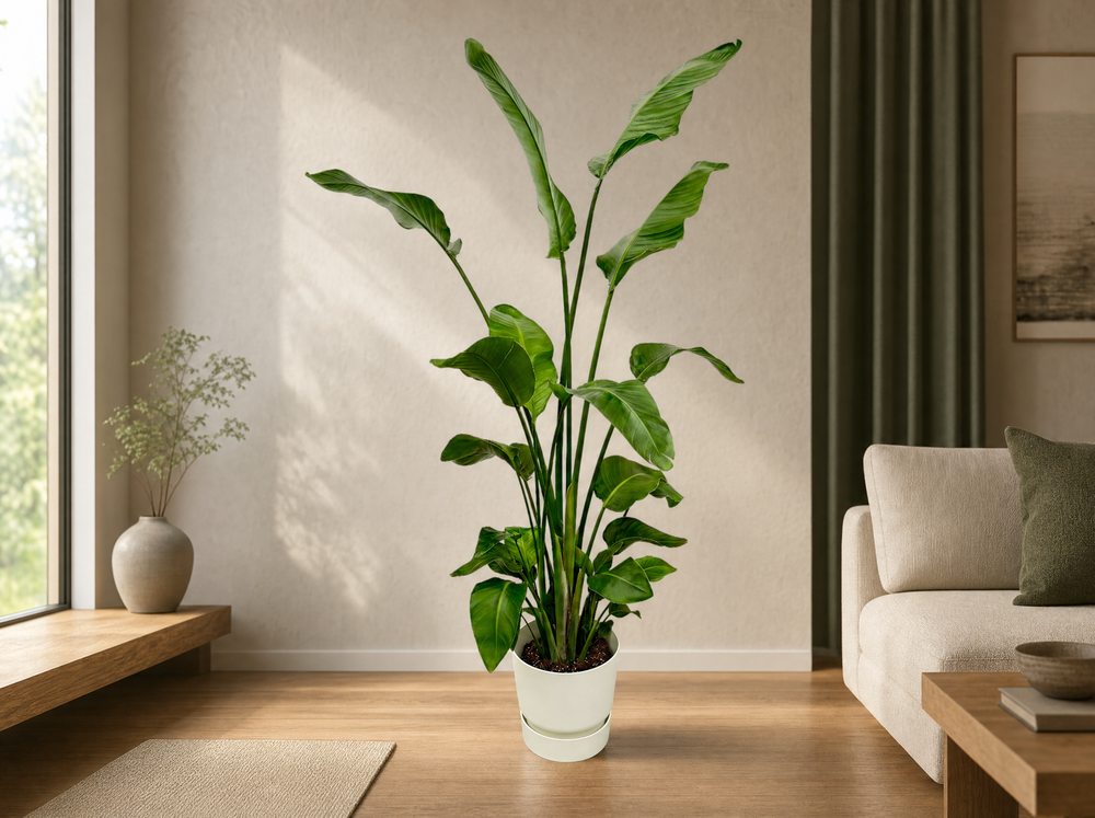 Strelitzia Nicolai inclusief elho Greenville Round wit - 170 cm - Ø30 - interieur