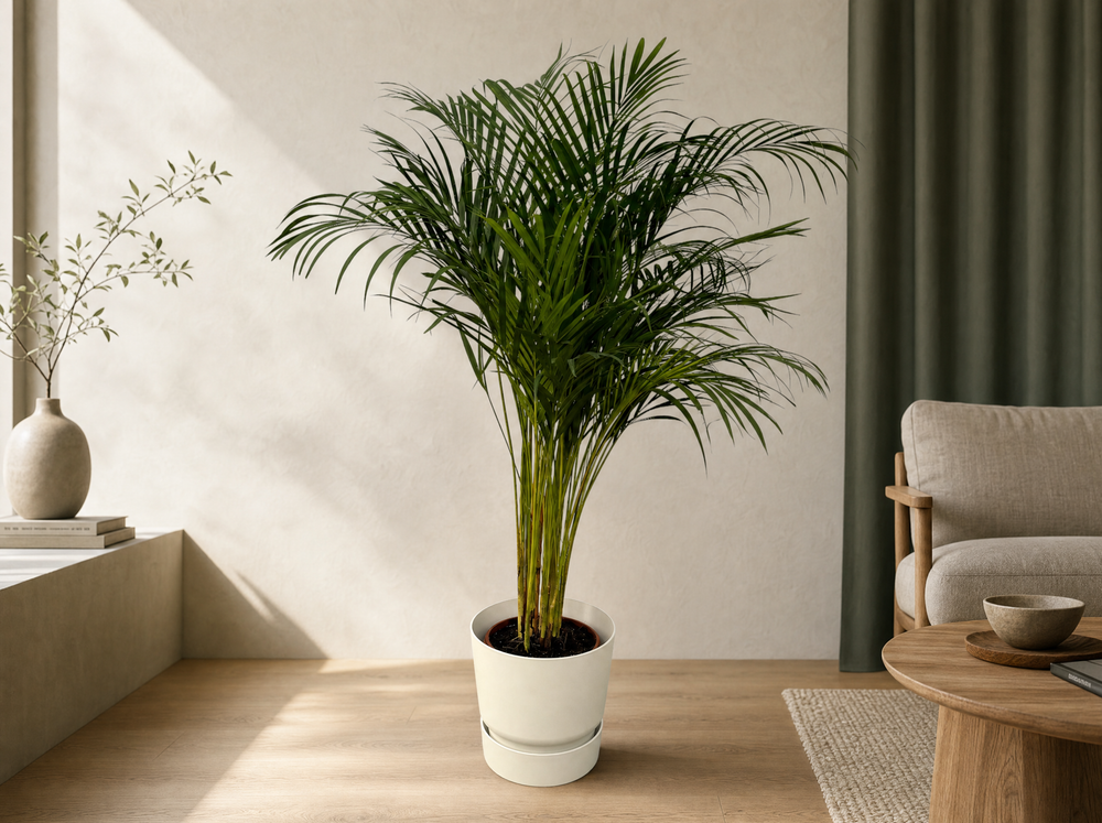 Areca palm - ↨130cm - Ø24cm inclusief elho Greenville Round wit D30xH28 - interieur