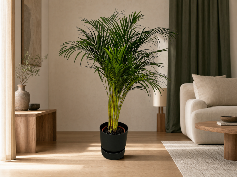 Areca palm - ↨130cm - Ø24cm inclusief elho Greenville Round zwart D30xH28 - interieur