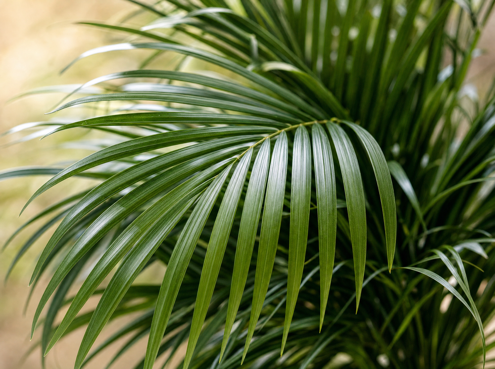 Areca palm - ↨130cm - Ø24cm inclusief elho Greenville Round zwart D30xH28 - blad close-up