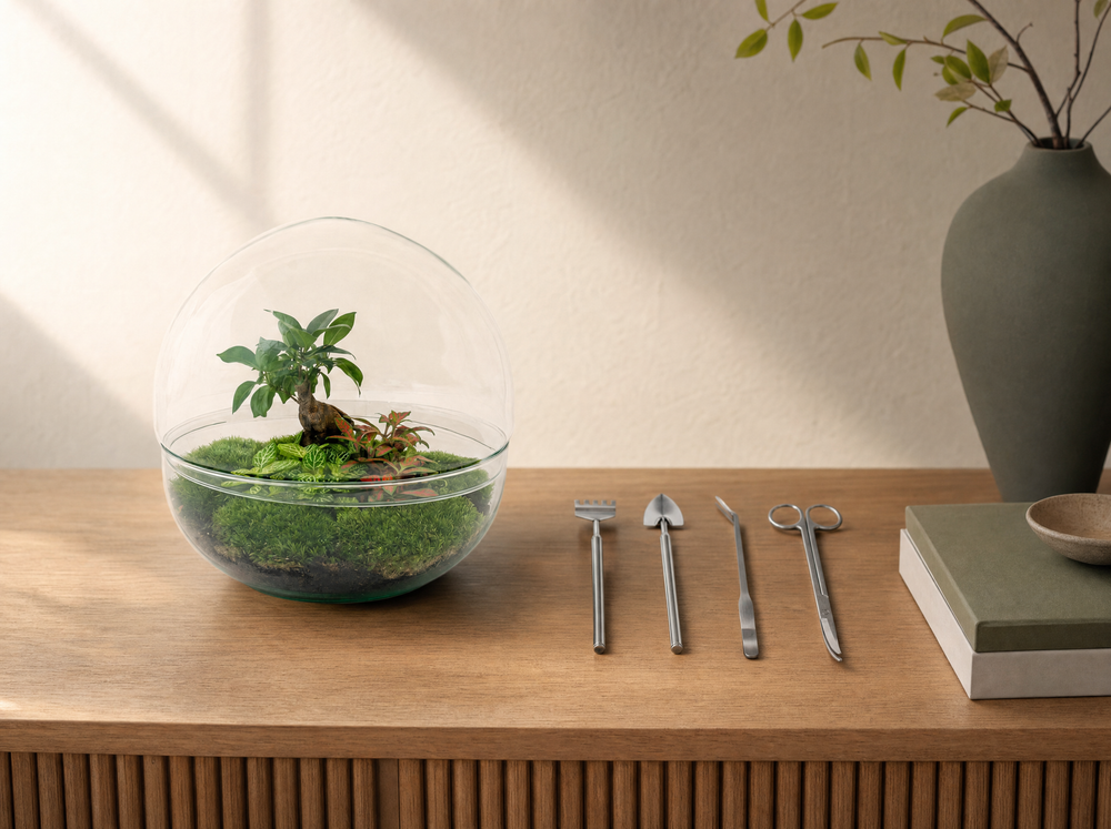 DIY Planten terrarium tweedelig bolglas - Dome XL Bonsai - Ø 28 cm ↑ 28 cm - Rake + Shovel + Tweezer - interieur