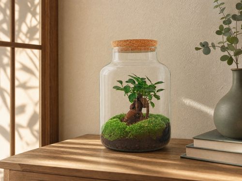 DIY Planten terrarium met licht - Milky Bonsai - Ø 21 cm ↑ 30 cm - Rake + Shovel + Tweezer + Scissor - interieur