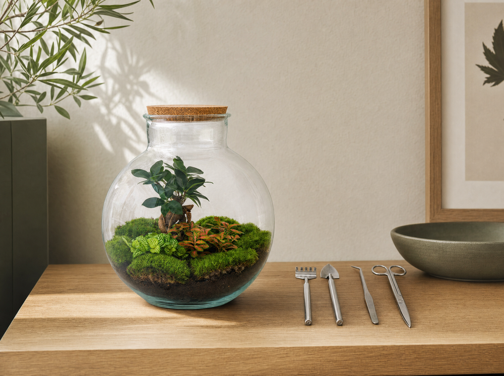 DIY Planten terrarium - Bolder Bob Bonsai - Ø 31 cm ↑ 30 cm - Rake + Shovel + Tweezer + Scissors - interieur