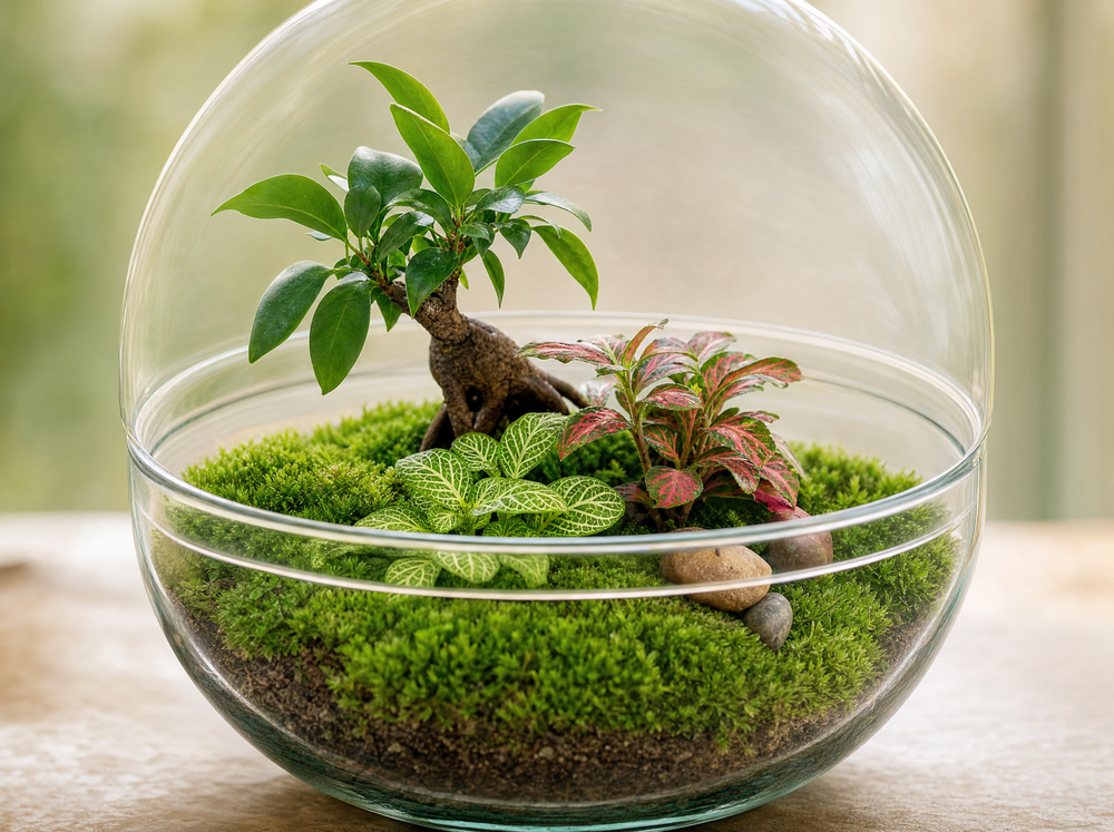 DIY Planten terrarium tweedelig bolglas - Dome XL Bonsai - Ø 28 cm ↑ 28 cm - Rake + Shovel + Tweezer - detail