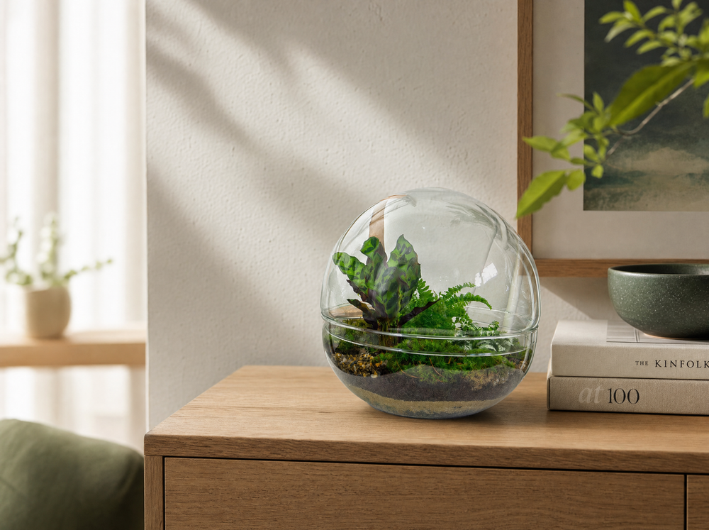 DIY Planten terrarium tweedelig bolglas - Dome XL -Ø 28 cm ↑ 28 cm - Rake + Shovel + Tweezer + Sciss - interieur