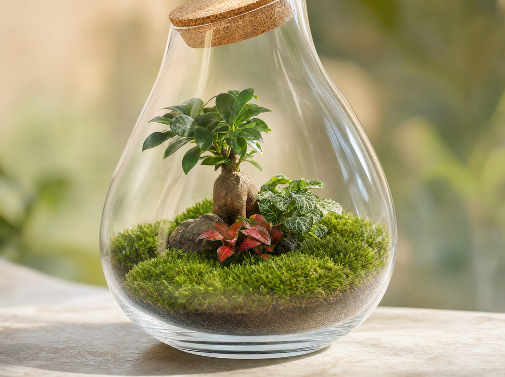 DIY Planten terrarium - Drop XL Bonsai 'red' - Ø 24 cm ↑ 37 cm - Rake + Shovel + Tweezer - detail