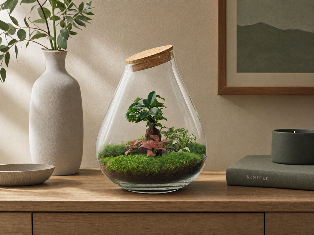 DIY Planten terrarium - Drop XL Bonsai 'red' - Ø 24 cm ↑ 37 cm - Rake + Shovel - interieur
