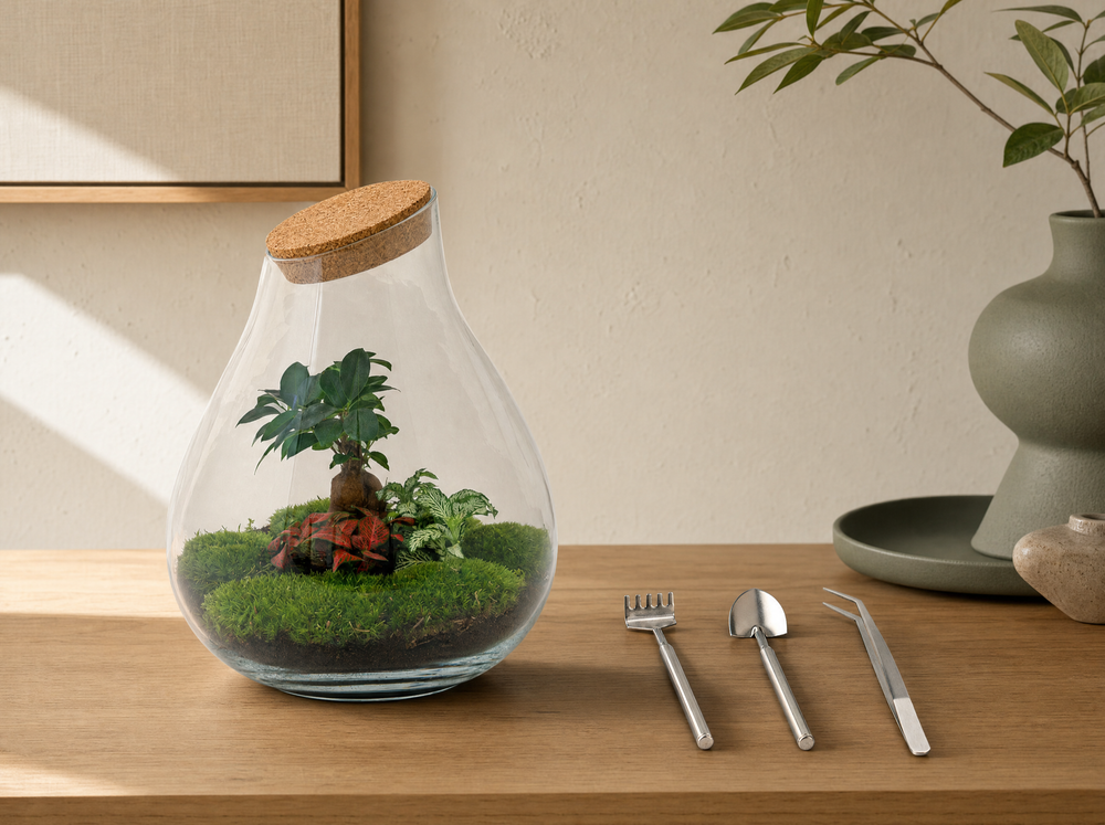 DIY Planten terrarium - Drop XL Bonsai 'red' - Ø 24 cm ↑ 37 cm - Rake + Shovel + Tweezer - interieur