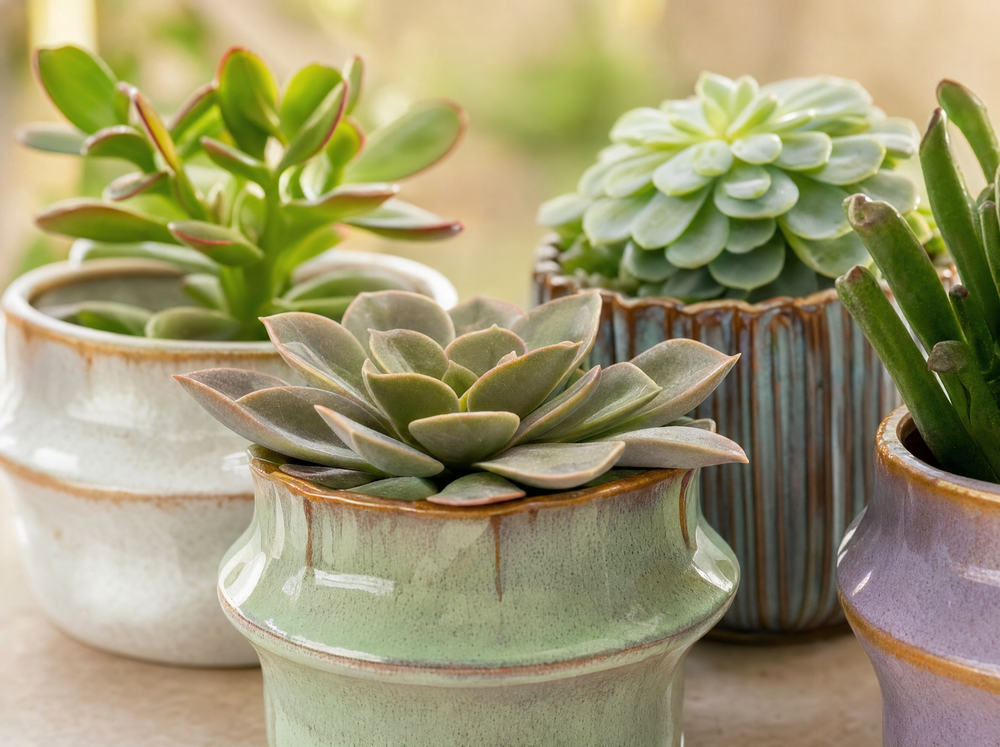 Succulenten Set van 6 in Keramische Mini Potjes Barcelona -  ↑ 8–12 cm - blad close-up