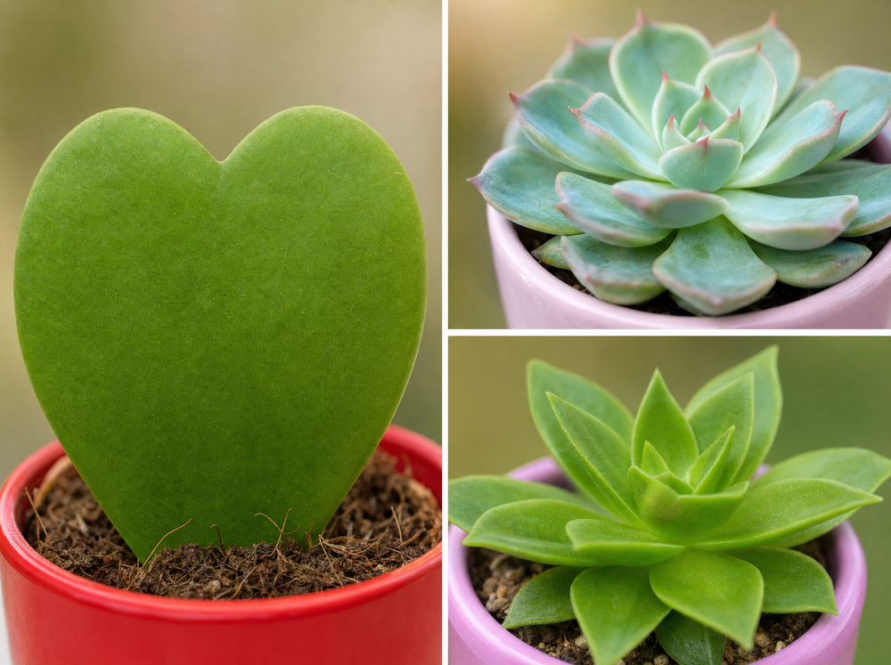 Plant set van 3 met mini pot - Love - Vetplanten - roze/rood - Ø 6 cm - blad close-up