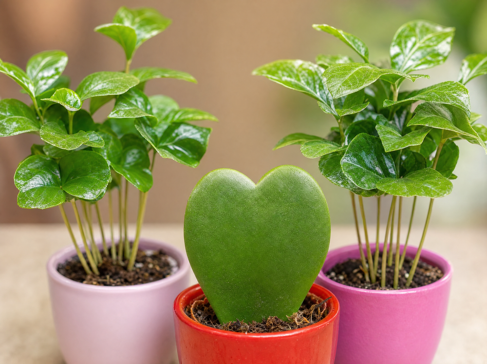 Plant set van 3 met mini pot - Love - Coffea Arabica - roze/rood - Ø 6 cm - blad close-up