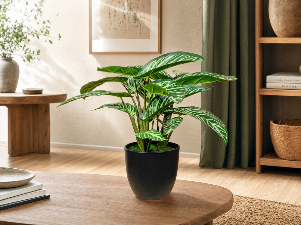 Calathea Zebrina in zwarte pot - 42 cm hoog - Kunstplant - ARTIFICIAL - interieur